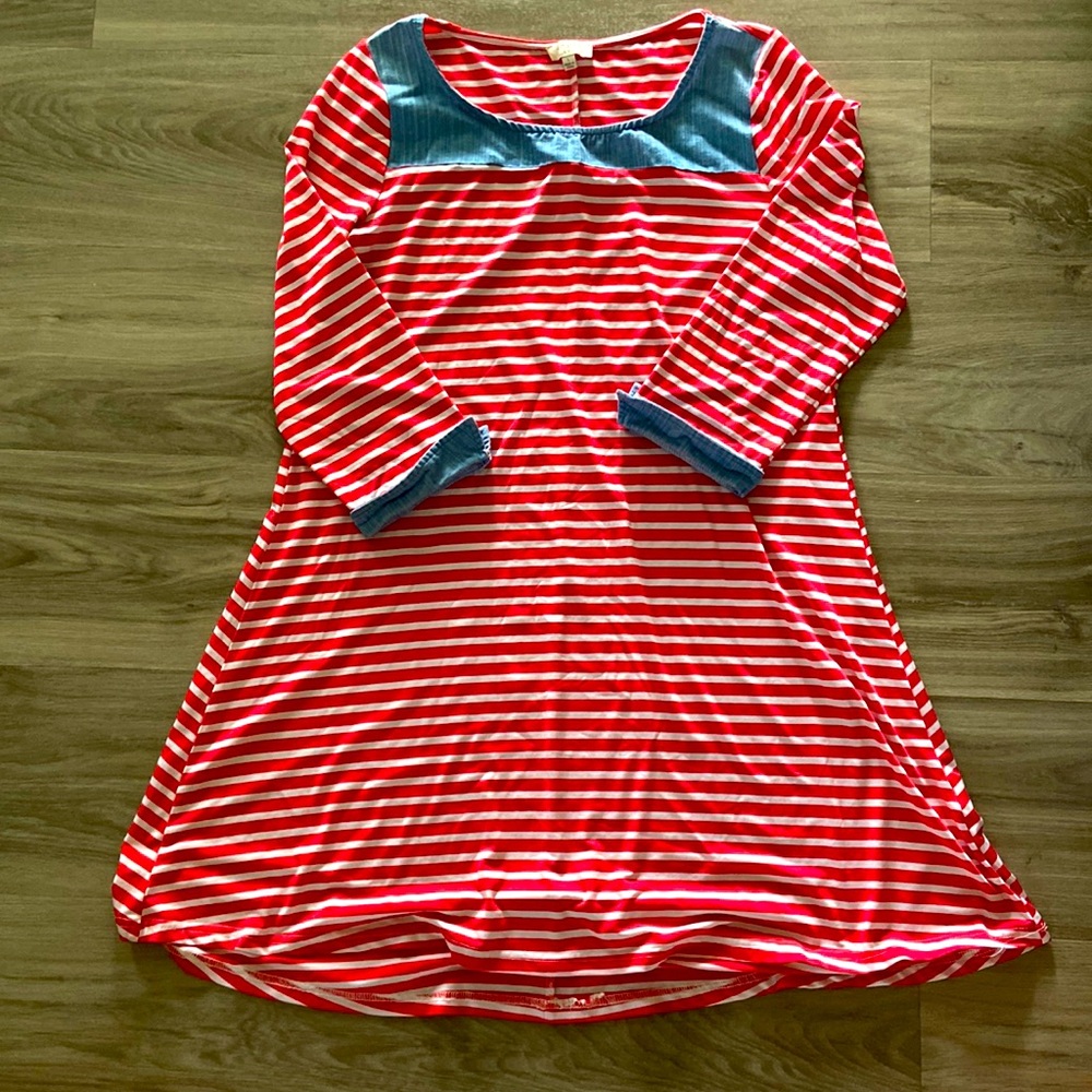 Pink & White Striped Dress with Blue Accents